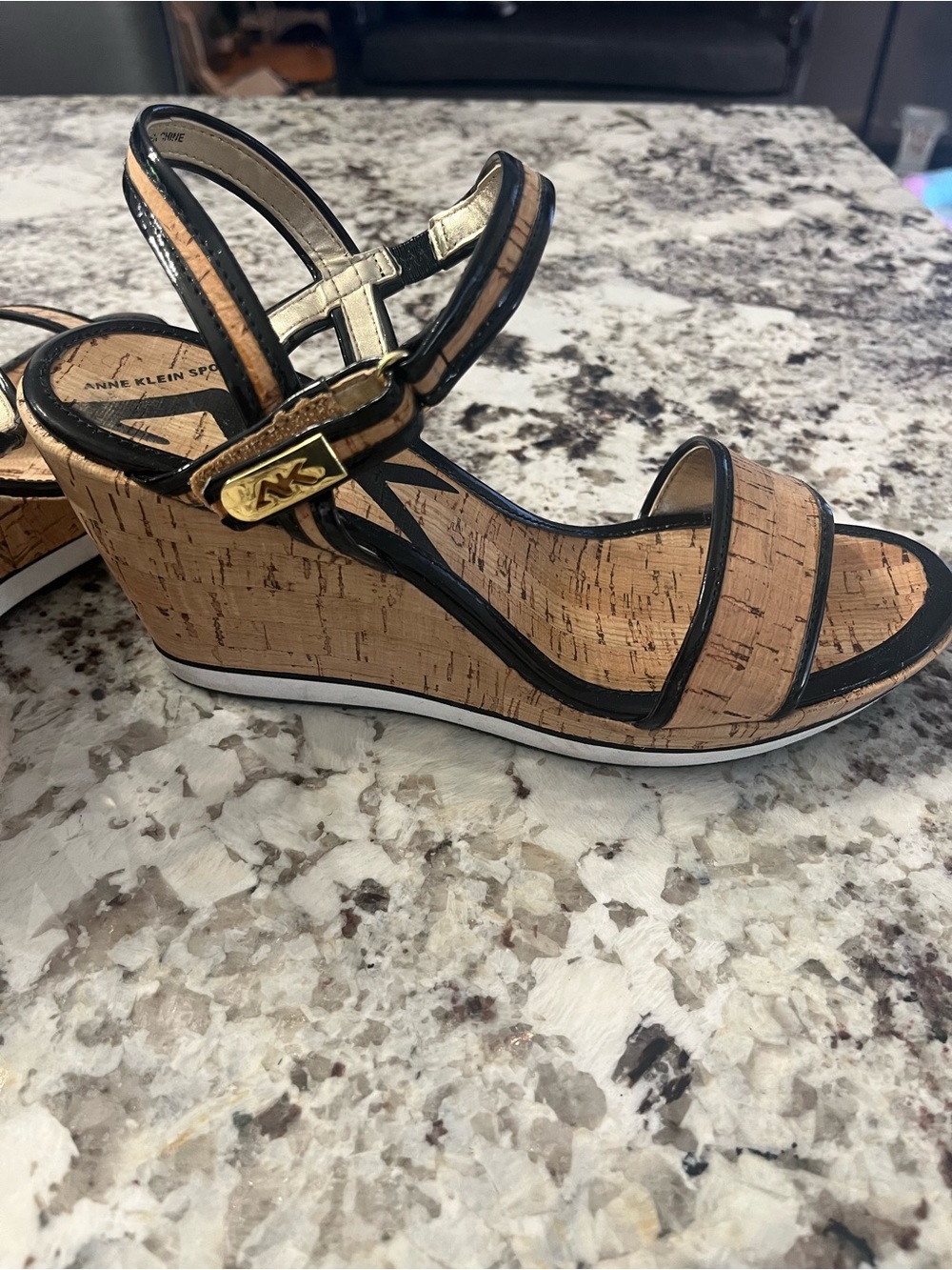 Anne Klein Sport Tan Cork Wedge Sandal with Black Trim